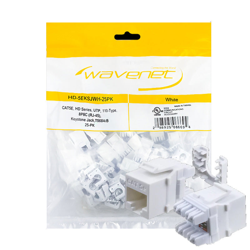 Wavenet Keystone Jack CAT5E, HD Series, UTP, 110, 8P8C,T568A/B, White, 25PK