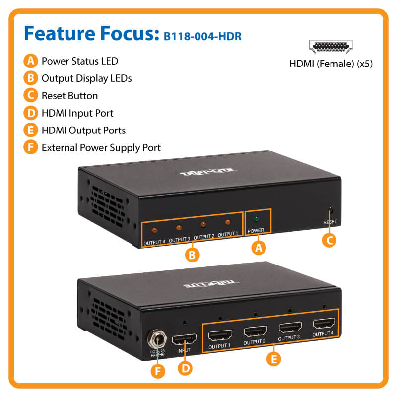 Tripp Lite HDMI Splitter 4 Port 4K @ 60 Hz, 4:4:4, Multi-Res, HDR, HDCP 2.2, TAA