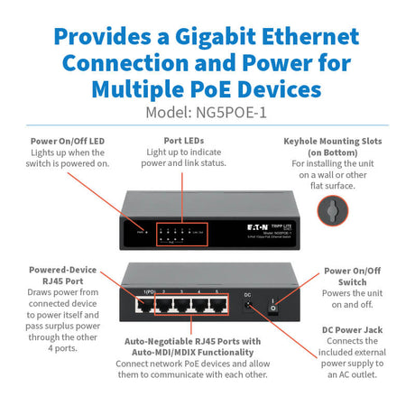 Tripp Lite series 5-Port 10/100/1000 Mbps PoE-Powered Desktop Gigabit Ethernet Unmanaged Switch 