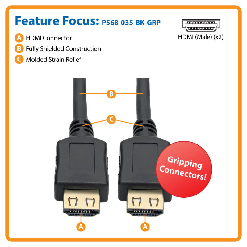 Tripp Lite HDMI Cable, Gripping Connectors, 4K (M/M), Black,  35ft