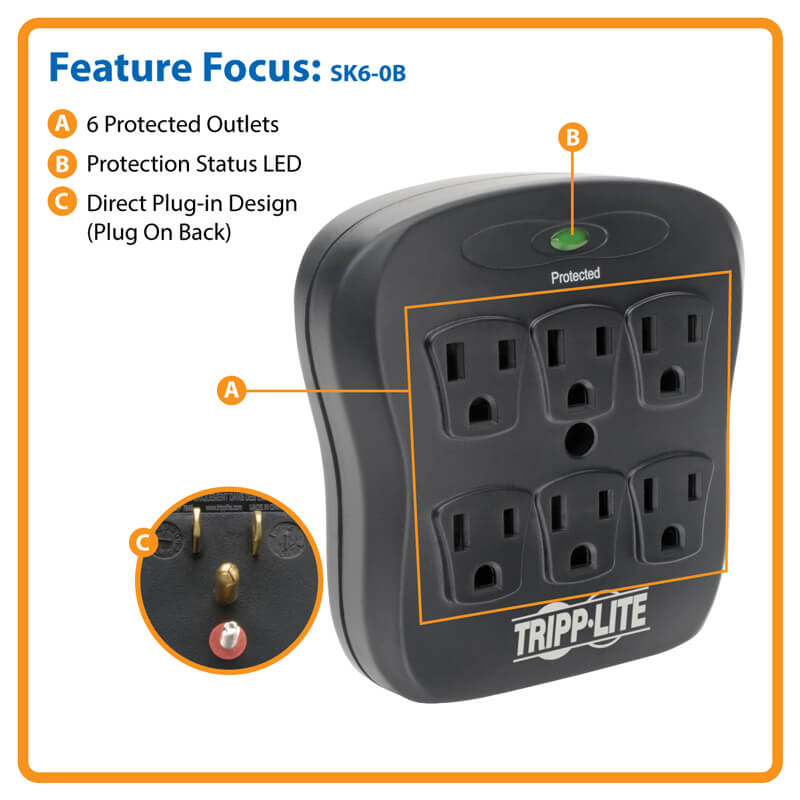 Tripp Lite Protect It!  6-Outlet Surge  750Joules Direct Plug-In Black