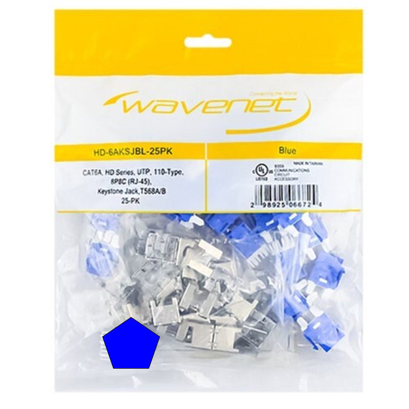 Wavenet Keystone Jack, CAT6A, HD Series, UTP, 110-Type, T568A/B, Blue 25 Pack