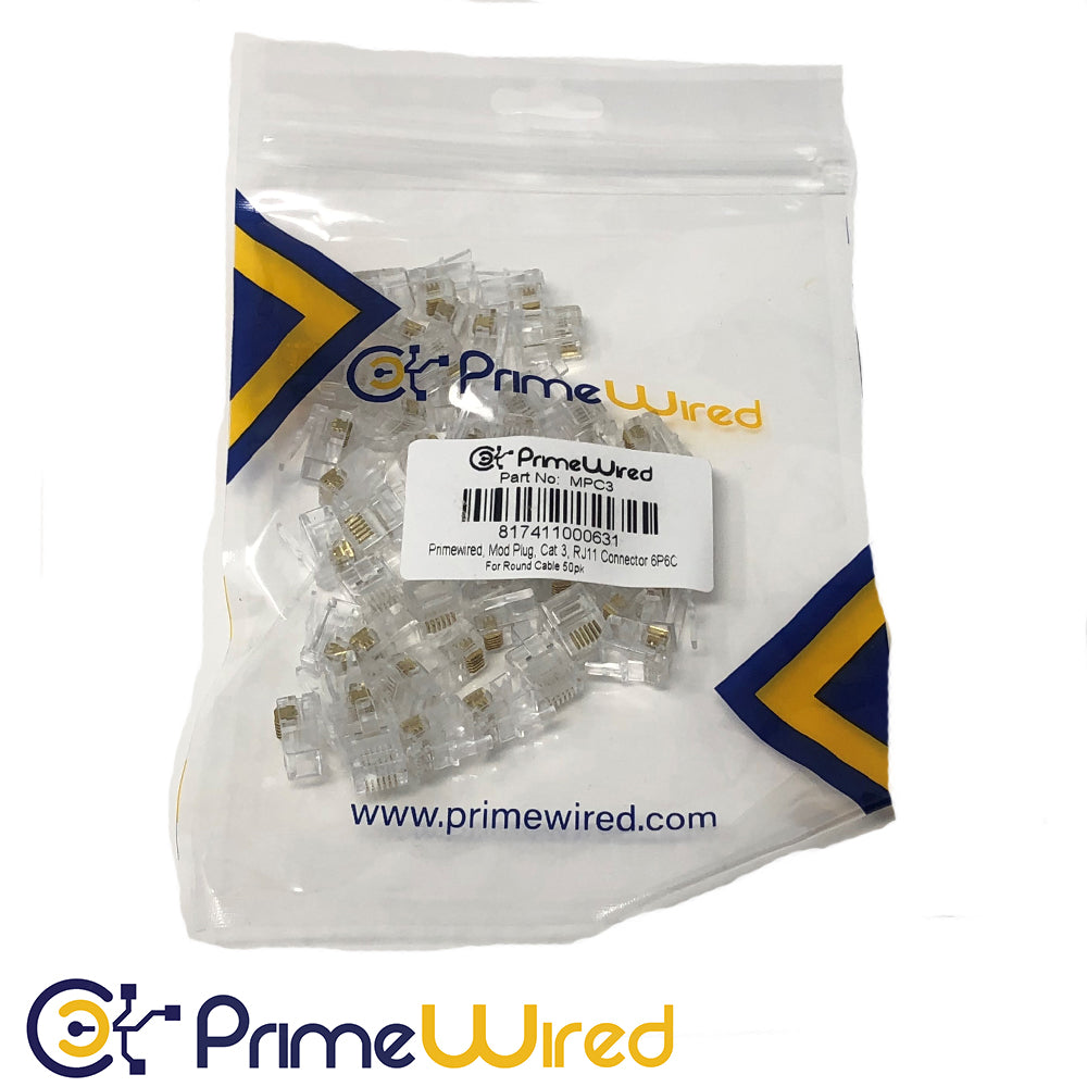 Primewired Mod Plug, Cat3, RJ12 Connector 6P6C For Round Phone Cable 50pk