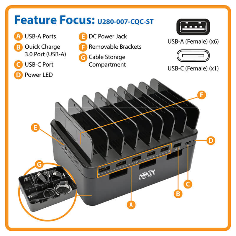 Tripp Lite Charging Station Quick Charge 3.0, USB-C Port, 5V (60W) 7 Port USB