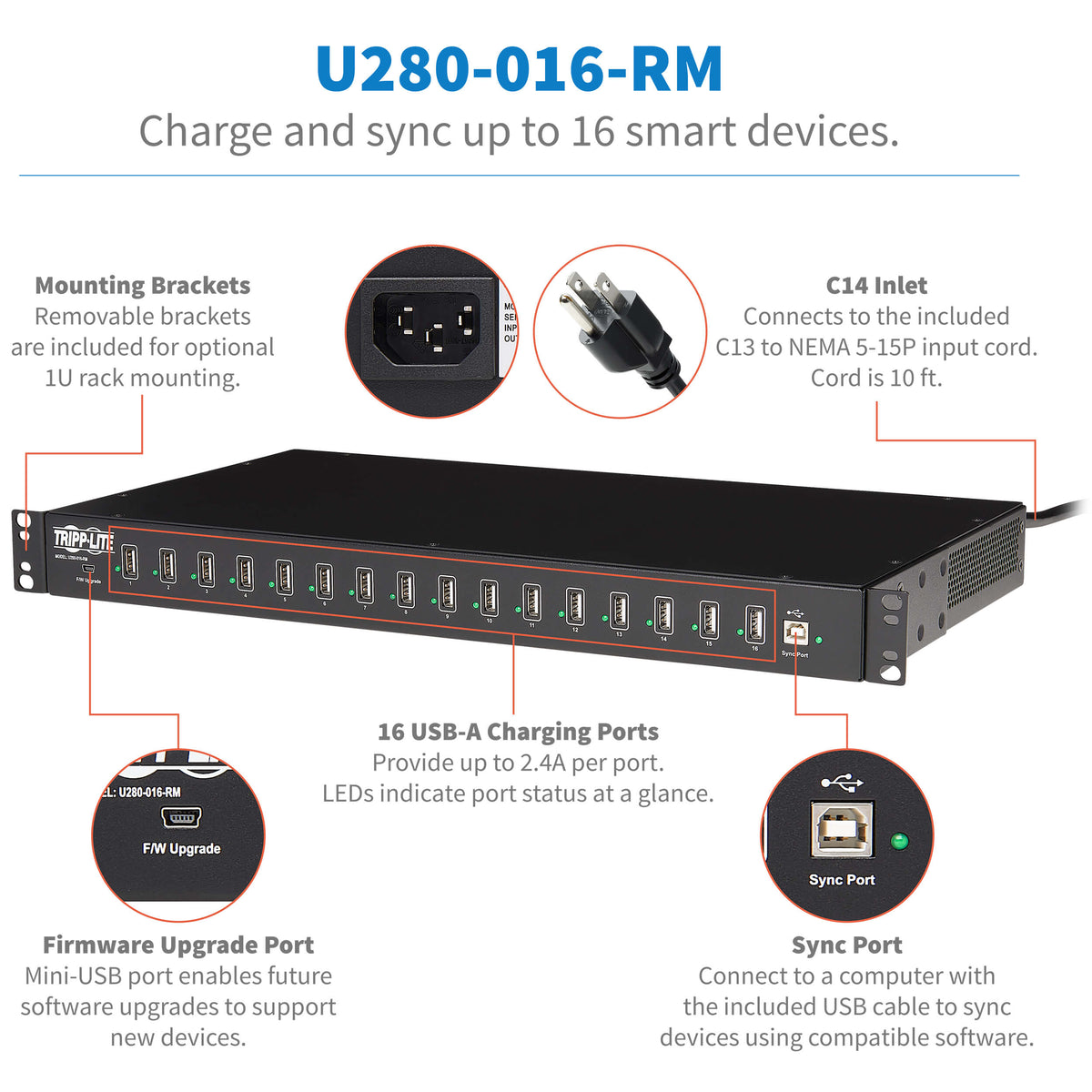 Tripp Lite Charging Station with Syncing, 5V 40A (200W) 16-Port USB, 1U